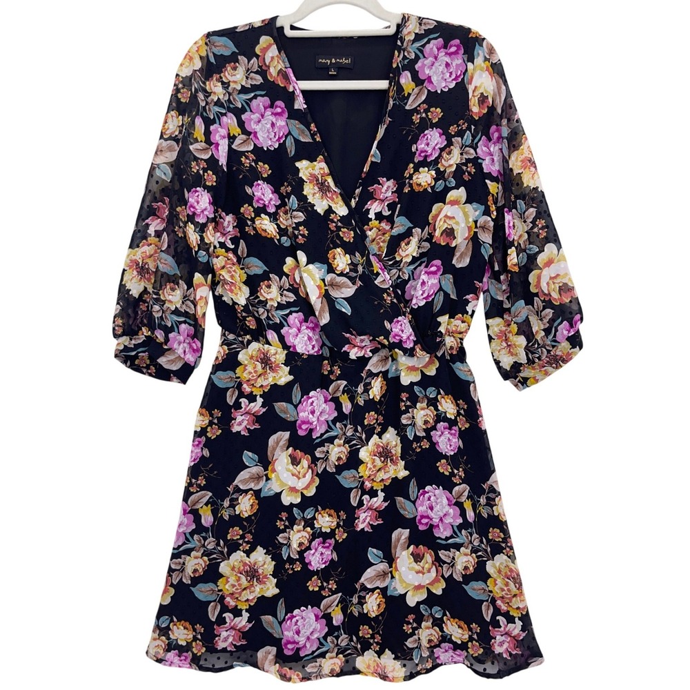 mary & mabel Black Floral Swiss Dot Surplice Dress L Lined Sheer Sleeve